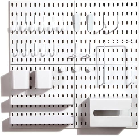 Zoeynex Modular Pegboard Wall Organizer Kit: Stylish Storage Solution for Decor, Crafts, and Display - Includes 26 Durable Accessories & 4 Peg Boards, High Load-Bearing, Easy Install, White, 22" x 22" in Kuwait
