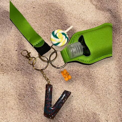 Aldi4u Empty Travel Bottles with Keychain Holder Set Include Portable Refillable with keychain alphabet later V epoxy resins green color with two charms 10" inches tall (Green, Epoxy resin) in Saudi Arabia