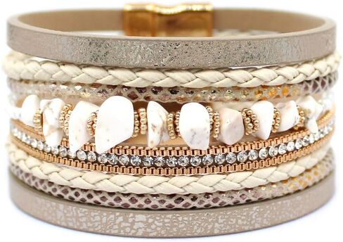 P Ammy Fashion® Boho سوار جلدي مجدول متعدد الطبقات من الجلد أساور كلاسيكية من الكريستال والأحجار الطبيعية أساور مجوهرات بوهيمية مع مشبك مغناطيسي in Kuwait