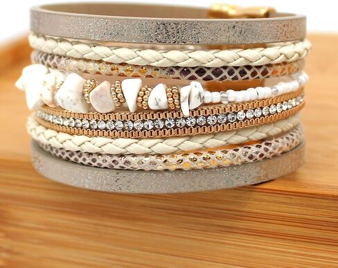P Ammy Fashion® Boho سوار جلدي مجدول متعدد الطبقات من الجلد أساور كلاسيكية من الكريستال والأحجار الطبيعية أساور مجوهرات بوهيمية مع مشبك مغناطيسي in Kuwait
