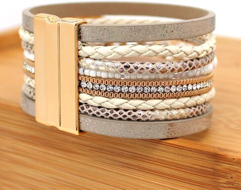 P Ammy Fashion® Boho سوار جلدي مجدول متعدد الطبقات من الجلد أساور كلاسيكية من الكريستال والأحجار الطبيعية أساور مجوهرات بوهيمية مع مشبك مغناطيسي in Kuwait