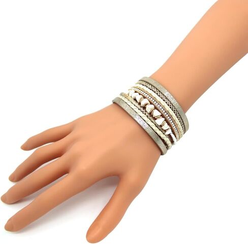P Ammy Fashion® Boho سوار جلدي مجدول متعدد الطبقات من الجلد أساور كلاسيكية من الكريستال والأحجار الطبيعية أساور مجوهرات بوهيمية مع مشبك مغناطيسي in Kuwait