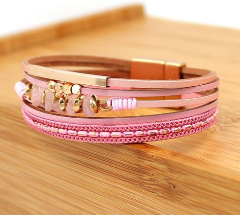 P Ammy Fashion® Boho سوار جلدي مجدول متعدد الطبقات من الجلد أساور كلاسيكية من الكريستال والأحجار الطبيعية أساور مجوهرات بوهيمية مع مشبك مغناطيسي in Kuwait