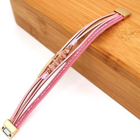 P Ammy Fashion® Boho سوار جلدي مجدول متعدد الطبقات من الجلد أساور كلاسيكية من الكريستال والأحجار الطبيعية أساور مجوهرات بوهيمية مع مشبك مغناطيسي in Kuwait