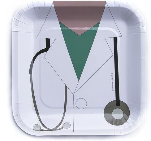 Doctor Nurse Party Paper Plates, Stethoscope and White Coat pack of ten (dinner size, 9 inches x 9 inches), white, green, black, grey in Saudi Arabia