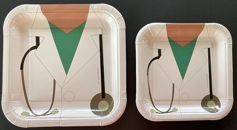 Doctor Nurse Party Paper Plates, Stethoscope and White Coat pack of ten (dinner size, 9 inches x 9 inches), white, green, black, grey in Saudi Arabia