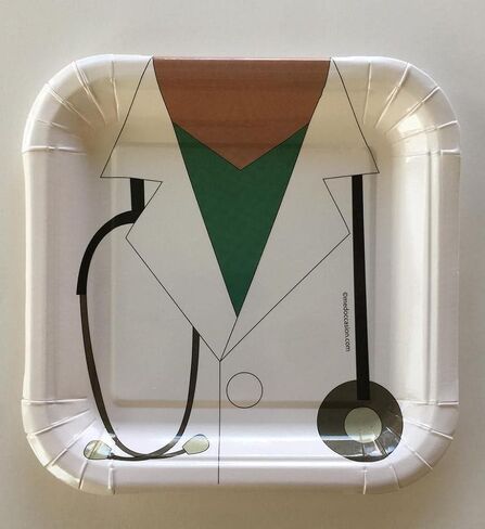 Doctor Nurse Party Paper Plates, Stethoscope and White Coat pack of ten (dinner size, 9 inches x 9 inches), white, green, black, grey in Saudi Arabia