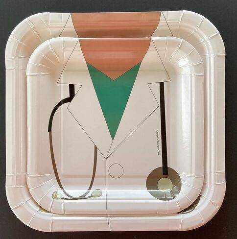 Doctor Nurse Party Paper Plates, Stethoscope and White Coat pack of ten (dinner size, 9 inches x 9 inches), white, green, black, grey in Saudi Arabia