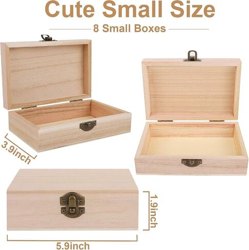 ADXCO 8 Pieces Unfinished Pine Wood Box with Hinged Lid Treasure Boxes with Locking Clasp Treasure Chest Decorate Wooden Boxes for DIY Crafting Gift Storage Box, 5.9 x 3.9 x 2 Inches in Saudi Arabia