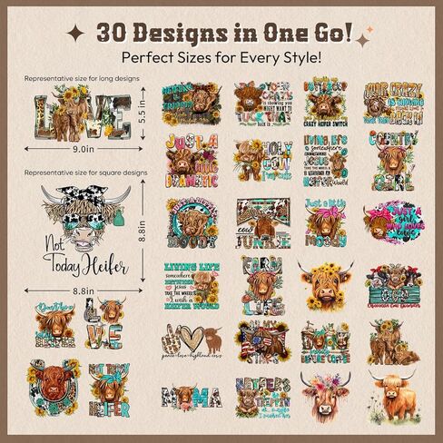 راعية البقر الغربية بالكي على النقل، 30 ورقة DTF جاهزة للضغط على ملصقات النقل الحراري لراعية البقر الغربية على الشارات للقمصان والوسائد ذات القلنسوة والحرف اليدوية اليدوية in Kuwait