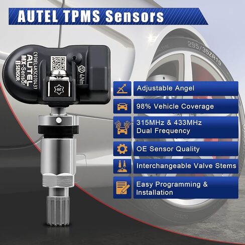 مستشعر Autel TPMS مستشعر ضغط الإطارات MX-Sensor 1-مستشعر 315 ميجا هرتز + 433 ميجا هرتز مزدوج التردد مستشعر استبدال الإطارات مستشعرات TPMS عالمية قابلة للبرمجة لضغط الإطارات (اضغط على الصمامات المعدنية، 4 قطع) in Kuwait