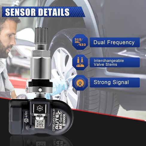 مستشعر Autel TPMS مستشعر ضغط الإطارات MX-Sensor 1-مستشعر 315 ميجا هرتز + 433 ميجا هرتز مزدوج التردد مستشعر استبدال الإطارات مستشعرات TPMS عالمية قابلة للبرمجة لضغط الإطارات (اضغط على الصمامات المعدنية، 4 قطع) in Kuwait