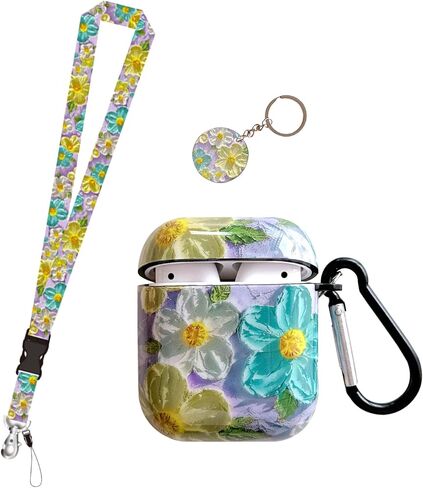 CXOPI Vintage Oil Stick Flower Series Soft TPU Airpod 2/1 Case with Stylish Lanyard Keychain for Girls Women Airpod Case in Saudi Arabia