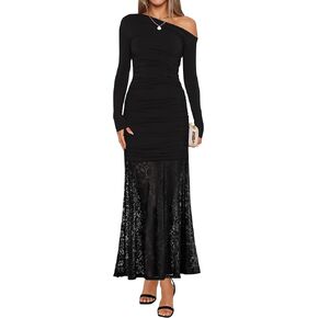 ZESICA Women's Long Sleeve Off Shoulder Bodycon Dresses Fall 2026 Ruched Lace Wedding Guest Cocktail Formal Maxi Dress in Saudi Arabia