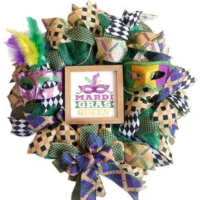 TEMPUS 18 Inch Mardi Gras Green Plaid Mesh Wreath for Front Door, Mardi Gras Party Home Wreath with Mystery Mask for Indoor and Outdoor Glitter Party Decorations Decorations in Saudi Arabia