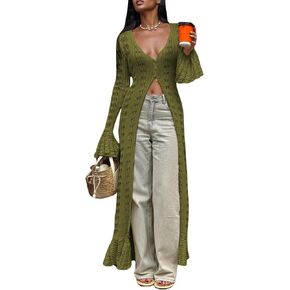 Unybwonn Long Cardigans for Women Crochet Hollow Out Knit Sweater Cover up Maxi Dress Long Sleeve Button Down Cardigan in Kuwait