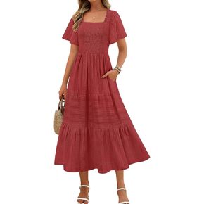 MEROKEETY Women's 2025 Summer Flowy Midi Maxi Dress Short Sleeve Square Neck Smocked Tiered Ruffle Boho Dresses with Pockets in Kuwait