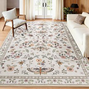 Foxmas Washable Area Rugs for Living Room, 4x6 Non-Slip Butterfly Floral Print Throw Rug, Low Pile Modern Indoor Floor Rug, Carpet for Bedroom Dining Room Laundry Room Kitchen Home Office，Black in Saudi Arabia