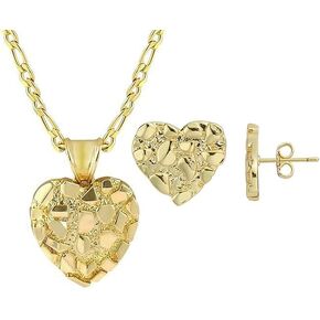 14k Solid Gold Plated Brass High-End Nugget Heart Love Vintage Cute Charm Pendant & 20" Figaro Chain Necklace & Stud Earrings Jewelry Gift For Women Men in Saudi Arabia