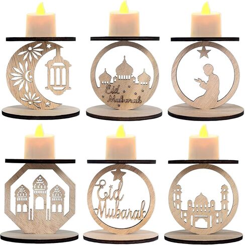 مجموعة من 6 حوامل شموع رمضان خشبية - ديكور "عيد مبارك" مع نجمة وهلال ومسجد وصور ظلية ليسوع - لوازم الحفلات الإسلامية الداخلية والخارجية، ومستلزمات الزفاف والذكرى السنوية in Saudi Arabia