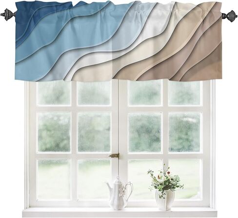 Valance Curtain Blue Brown Modern Geometric Kitchen Curtain for Window Ombre Blue Abstract Rod Pocket Valance Kitchen Window Treatment for Bedroom Living Room 42x12inch in Saudi Arabia