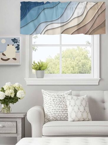 Valance Curtain Blue Brown Modern Geometric Kitchen Curtain for Window Ombre Blue Abstract Rod Pocket Valance Kitchen Window Treatment for Bedroom Living Room 42x12inch in Saudi Arabia