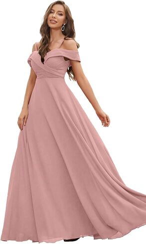 Cold Shoulder Ruched Floor Length Chiffon Bridesmaid Dress Elegant Evening Gowns Prom Dress Formal Dresses in Kuwait