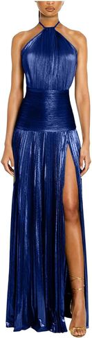 2025 Women's Shiny Metallic Open Back Halter Maxi Dresses Sexy High Slit Sleeveless Elegant Glitter Cocktail Dress in Saudi Arabia