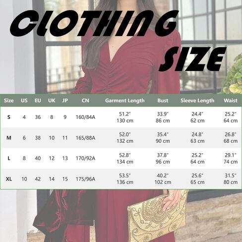 Women's Burgundy Ruched Long-Sleeved Long Dress - Elegant V Neck Puffy Long Sleeve Evening Dress for Cocktail Parties, Wedding Guest (X-Large) in Saudi Arabia