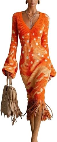 Women's V-Neck Flared Sleeve Printed Knit Dress, Slim Fitting Tassel Long Dress for Cocktail Parties in Saudi Arabia