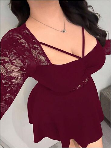 GORGLITTER Women's Plus Size Lace Dresses Fall Y2k Long Sleeve Patchwork Gothic Cocktail Birthday Going Out Mini Dress in Kuwait