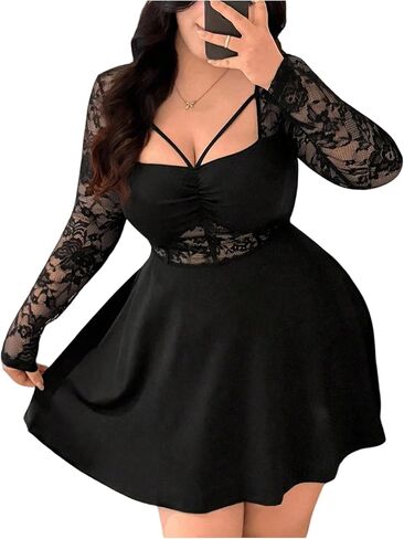 فستان قصير من GORGLITTER للنساء مقاس كبير من الدانتيل لخريف Y2k وأكمام طويلة مرقع على الطراز القوطي لحفلات الكوكتيل وأعياد الميلاد والخروج in Kuwait