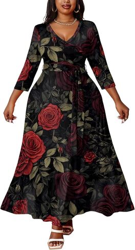 فستان FANDEE طويل مقاس كبير للنساء للصيف، كاجوال 3/4 كم ورقبة على شكل حرف V فساتين طويلة واسعة مع جيوب للحزام، XL- 5XL in Kuwait