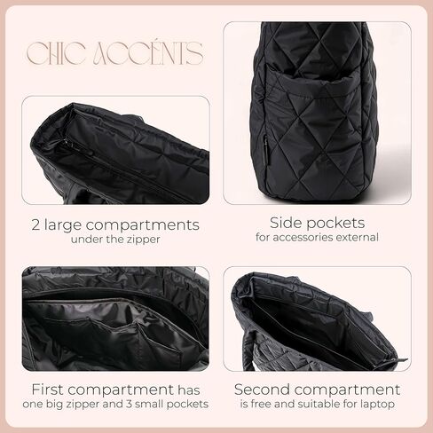 Chic Accents Puffer Tote Bag for Women - Lightweight Quilted Totebag with Pockets - Water Resistant, Puffy, Padded Design - Stylish Travel or Everyday Bag for Work, Gym, School or Mom Life in Saudi Arabia