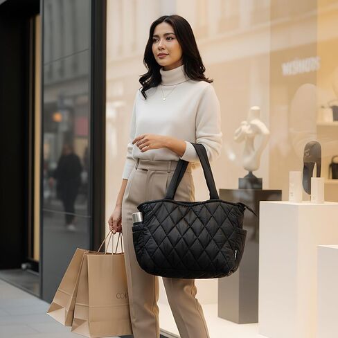 Chic Accents Puffer Tote Bag for Women - Lightweight Quilted Totebag with Pockets - Water Resistant, Puffy, Padded Design - Stylish Travel or Everyday Bag for Work, Gym, School or Mom Life in Saudi Arabia