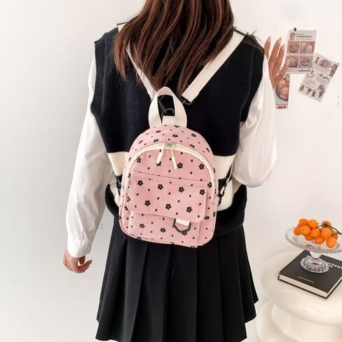 Cute Mini Coin Backpack for Women Simple Lightweight Flower Pattern Corduroy Small Purse, Pink in Saudi Arabia