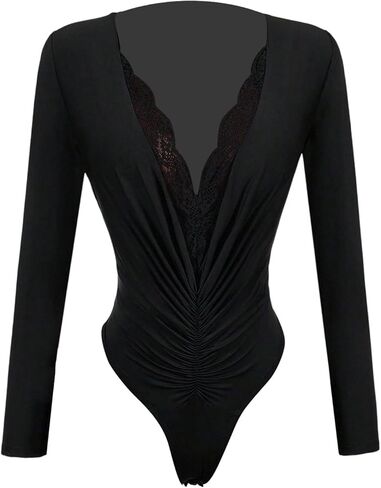 Milumia Women's Ruched Long Sleeve Bodysuit Lace Trim V Neck Party Club Leotard Tops in Saudi Arabia