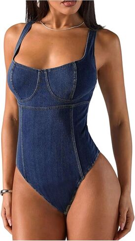 Milumia Women's Square Neck Denim Bodysuit Sleeveless Backless Summer Tank Tops Leotards in Saudi Arabia
