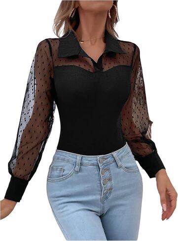 Milumia Women's Polka Dots Sheer Mesh Bodysuits Long Sleeve Lapel Collar V Neck Leotards Jumpsuit in Saudi Arabia