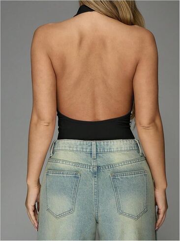 SHENHE Women's Halter Cowl Neck Bodysuit Going Out Open Back Sleeveless Y2k Party Tops Leotard in Saudi Arabia