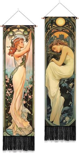 PLIGREAT 2 Pack Mucha Style Vertical Tapestry Art Nouveau Poster Aesthetic Wall Hanging for Bedroom Bathroom Living Room Vintage Long Narrow Wall Hanging Dorm Room Home Art Decor in Saudi Arabia