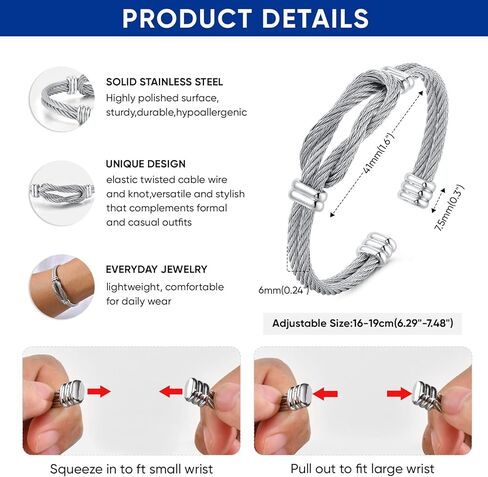 Infinity Love Knot Bracelet for Mens Women - Silver/Black/Gold Plated Stainless Steel Double Line Twisted Cable Wire Bangle Bracelets Adjustable Open Cuff Bracelet Fashion Vintage Unique Jewelry Gift in Saudi Arabia