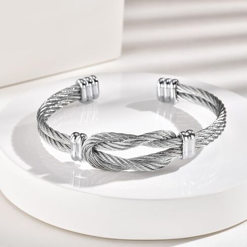 Infinity Love Knot Bracelet for Mens Women - Silver/Black/Gold Plated Stainless Steel Double Line Twisted Cable Wire Bangle Bracelets Adjustable Open Cuff Bracelet Fashion Vintage Unique Jewelry Gift in Saudi Arabia