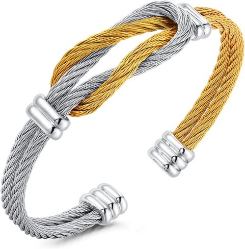 Infinity Love Knot Bracelet for Mens Women - Silver/Black/Gold Plated Stainless Steel Double Line Twisted Cable Wire Bangle Bracelets Adjustable Open Cuff Bracelet Fashion Vintage Unique Jewelry Gift in Saudi Arabia
