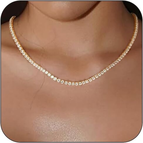Adjustable Tennis Necklaces for Women Dainty 18K Gold Plated Cubic Zirconia Tennis Chain Sparkly Bling Diamond Necklace Simple Elegant Necklaces for Women in Saudi Arabia
