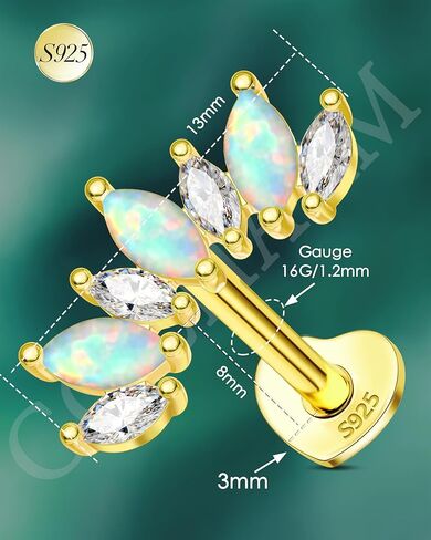 COCHARM 14K Gold Plated Cartilage Earrings Stud 925 Sterling Silver Opal Helix Earrings for Women Internally Thread Flat Back Earrings Heart in Saudi Arabia