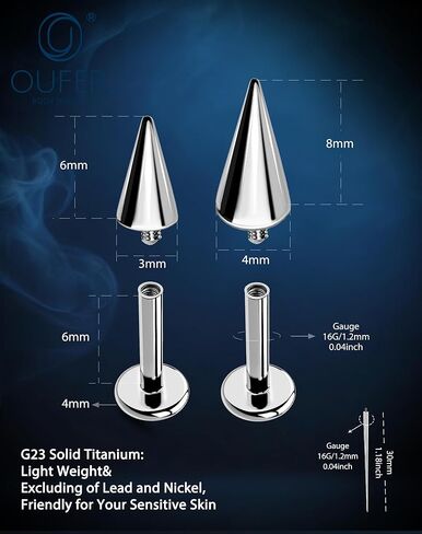 مجوهرات OUFER Vertical Labret Lip Jewelry 16G Spike Flact Back Vertical Helix Piercing Jewelry، قطعتان G23 من التيتانيوم الصلب ملولبة داخليًا ثقب غضروف الشفاه للنساء والرجال in Kuwait