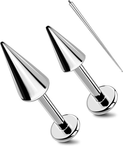 مجوهرات OUFER Vertical Labret Lip Jewelry 16G Spike Flact Back Vertical Helix Piercing Jewelry، قطعتان G23 من التيتانيوم الصلب ملولبة داخليًا ثقب غضروف الشفاه للنساء والرجال in Saudi Arabia