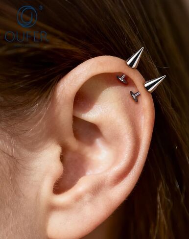 مجوهرات OUFER Vertical Labret Lip Jewelry 16G Spike Flact Back Vertical Helix Piercing Jewelry، قطعتان G23 من التيتانيوم الصلب ملولبة داخليًا ثقب غضروف الشفاه للنساء والرجال in Saudi Arabia