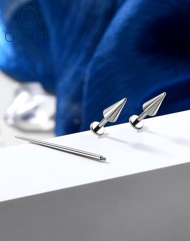 مجوهرات OUFER Vertical Labret Lip Jewelry 16G Spike Flact Back Vertical Helix Piercing Jewelry، قطعتان G23 من التيتانيوم الصلب ملولبة داخليًا ثقب غضروف الشفاه للنساء والرجال in Saudi Arabia